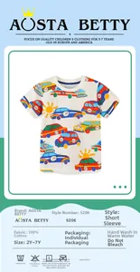 Detail view of cotton T-shirt featuring colorful car prints and 100 percent cotton label