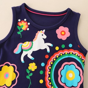 Abito smanicato in maglia blu scuro per bambina con unicorno e fiori colorati