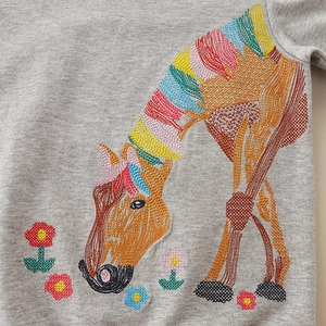 Kids grey heather sweatshirt with vibrant multi-color horse and floral embroidery details