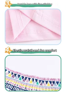 Detailansicht des rosa Stricksaums und des elastischen Bunds mit buntem geometrischem Druck