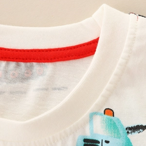 White cotton t-shirt with ribbed crew neck and cartoon truck print for boys