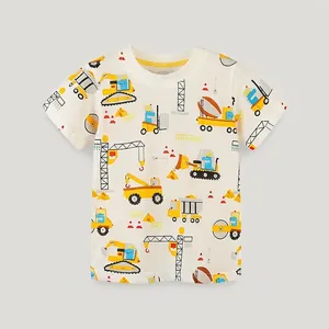 Jungen Kurzarm Baumwolle T-Shirt Cartoon Dinosaurier Baustellenfahrzeuge Druck Rundhalsausschnitt Sommer Casual Top für Kinder