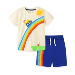 Kids summer knit cotton set with rainbow tractor T-shirt and blue shorts set