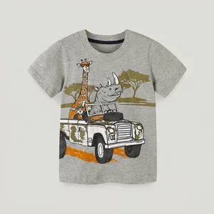 T-Shirt en Coton Aventure Safari pour Enfants Garçons Manches Courtes Gris Chiné Voiture Tout Terrain Dessin Animé Top