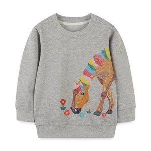 Grey long sleeve cotton sweatshirt for girls featuring colorful horse and flower embroidery