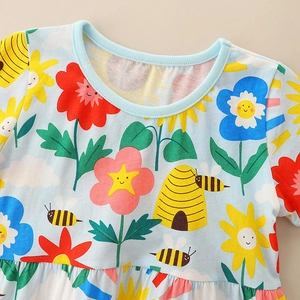 Girls' light blue knit cotton dress with colorful cartoon bees and flower prints