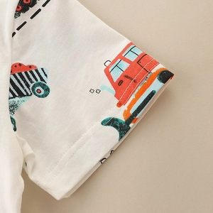 White cotton kids T-shirt with cartoon vehicle prints and soft knitted fabric cuffs