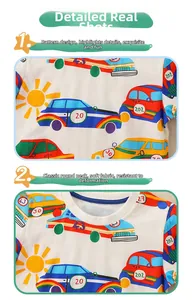 Detail of cotton kids t-shirt with colorful cartoon cars and sun prints on classic crew neck