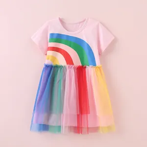 Vestito Tutù Arcobaleno da Bambina Estivo Stampa Cartoon Cotone Mesh Vestito da Principessa Girocollo Manica Corta Abbigliamento Bambini