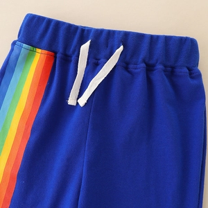 Dark blue boys' cotton jogger pants with colorful side rainbow stripes and drawstring