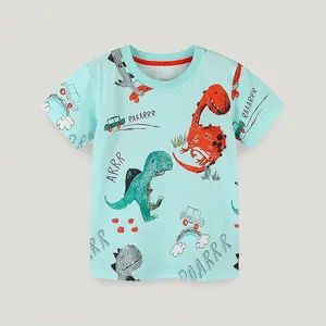 Boys 100% Cotton Short Sleeve T-Shirt Cartoon Dinosaur Excavator Print Casual Round Neck Summer Tops For Kids