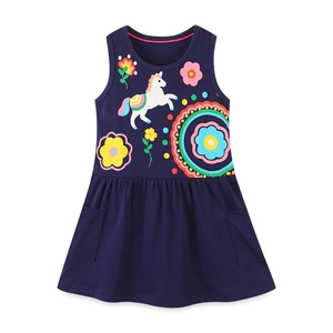 Abito smanicato blu scuro da bambina in cotone con stampe di unicorni e arcobaleni