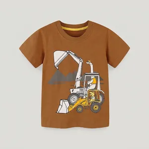 Boys Summer Cotton T-Shirt Casual Cartoon Dinosaur Excavator Print Round Neck Short Sleeve Top For Toddler Kids