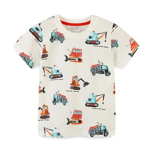 Boys white cotton t-shirt with colorful cartoon construction vehicle prints all over