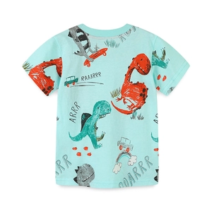 Boy's mint blue cotton t-shirt with colorful cartoon dinosaur and skateboard print