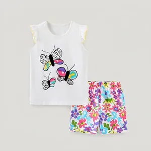 Ensemble de Vêtements d'Été en Coton pour Petites Filles Haut Sans Manches à Volants Papillon et Short Fleuri