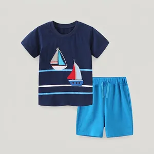 Garçons Été Nautique Coton Broderie Voilier T-Shirt Et Shorts Tenue Manches Courtes Respirant Enfant Vêtements Décontractés