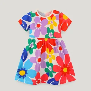 Abito in Maglia di Cotone a Maniche Corte da Ragazza Vivace Stampa Cartoon Floreale Stile Principessa Girocollo Abito Estivo