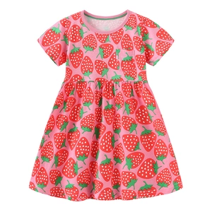 Robe d'été rose pour filles en coton avec imprimés fraises et petite poche avant