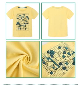 Detailed views of yellow cotton kids T-shirt with construction vehicle prints and soft fabric