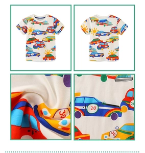 Detail view of cotton kids T-shirt with colorful all-over cartoon car prints and soft texture