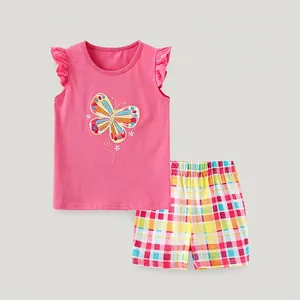 Girls Summer Outfit Pink Ruffle Sleeveless Top Butterfly Embroidery Colorful Plaid Shorts Kids Cotton Casual Clothing