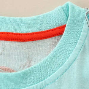 Close-up of light blue cotton knit t-shirt with red reinforced crew neck and dinosaur print