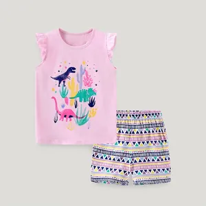 Mädchen Sommer Baumwolle Ärmellose Flatterärmel Top Und Geometrische Muster Shorts Outfit Dinosaurier Kaktus Bedruckte Kleidung