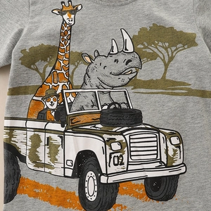 T-shirt gris pour enfant en coton avec imprimé dessin animé de safari et girafe