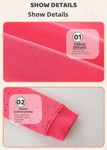 Detail of rose red cotton knit fabric and ribbed cuffs with black polka dot patterns