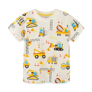 Kinder T-Shirt in Cremeweiß mit Allover-Dinosaurier- und Baufahrzeug-Drucken