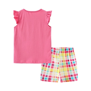 Pink sleeveless knit top with ruffled details and colorful plaid shorts set for girls