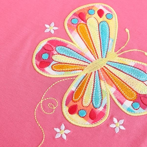 Pink knit girls tank top with colorful butterfly patchwork and floral embroidery