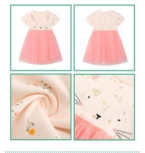 Detail of girls' short sleeve dress featuring floral rabbit embroidery and pink tulle skirt