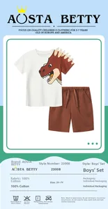 Detail of boys cotton T-shirt with 3D dinosaur scales and matching brown shorts