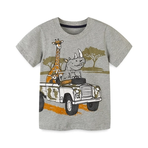 T-shirt gris chiné en coton pour garçons avec imprimé animaux safari et girafe