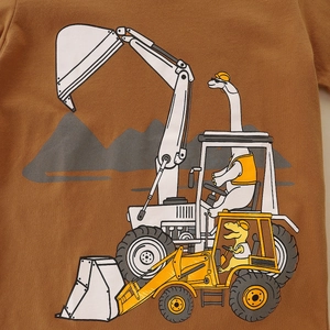 Brown cotton kids t-shirt featuring playful dinosaur and excavator graphic prints