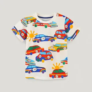 Boys Cotton Short Sleeve T-Shirt Cartoon Car Number Print White Summer Casual Kids Top Round Neck Breathable Clothing