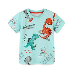 Mint green cotton T-shirt for boys with colorful dinosaur and rainbow prints
