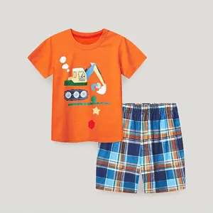 Completo Estivo 2 Pezzi Casual da Bambino T-Shirt Arancione a Maniche Corte Con Stampa Escavatore e Pantaloncini a Quadretti in Cotone Morbido