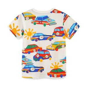 Boys white cotton T-shirt featuring colorful all-over cartoon car and sun prints