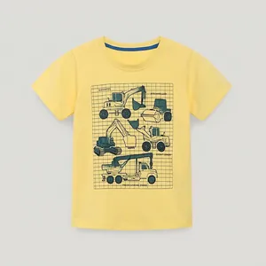 Boys Cotton T-Shirt Summer Short Sleeve Round Neck Construction Vehicle Print Toddler Casual Top Yellow Kids Clothing