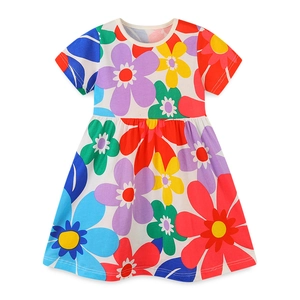 Abito estivo da bambina in cotone con vivace stampa floreale e scollo rotondo casual