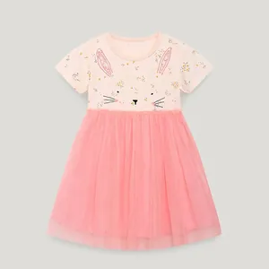 Girls Summer Princess Dress Short Sleeve Cotton Rabbit Embroidery Pink Tutu Mesh Party Dress For Toddler Kids Ages 2-7