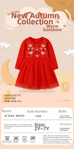 Detailed view of red long sleeve dress featuring floral bird embroidery and tulle skirt