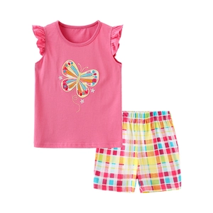 Pink knit tank top with butterfly embroidery and colorful plaid shorts for girls