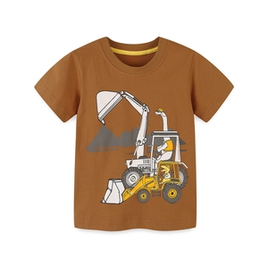 Brown boys' cotton t-shirt with dinosaur construction site print and yellow crew neck