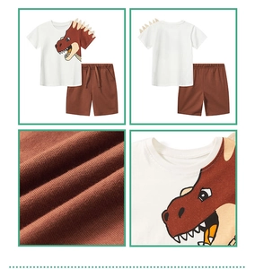 Detail of boys' summer set with dinosaur print t-shirt and elastic knit shorts