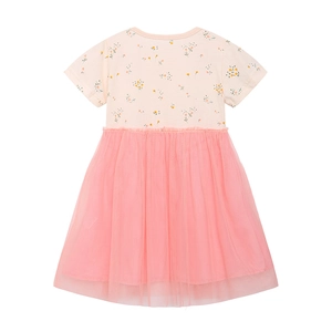 Pink short-sleeved girls dress with yellow floral prints and layered mesh tutu skirt