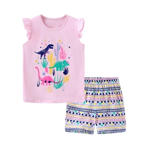 Rosa ärmelloses Mädchen-Baumwollset mit Dinosaurier-Print und gemusterter Shorts